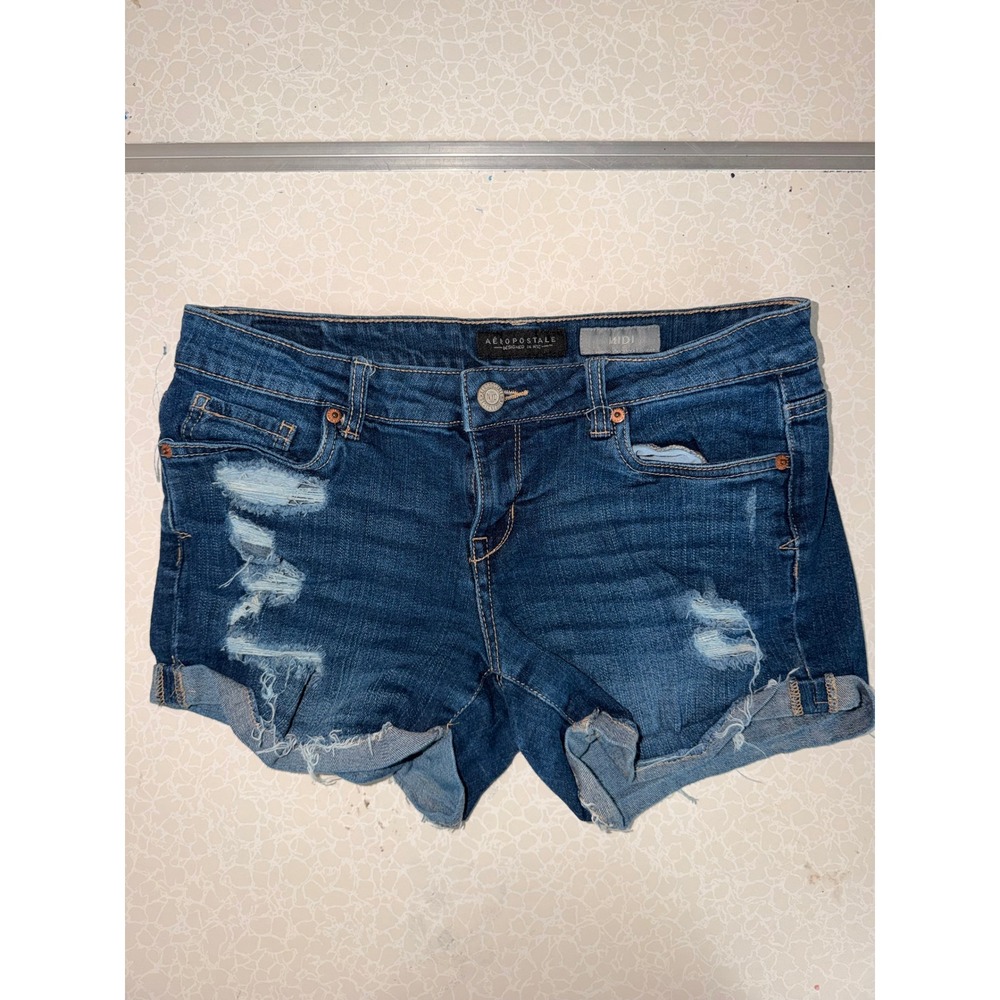 Aeropostale Womens‎ Midi Denim Shorts Dark Wash Distressed Cuffed Size 6